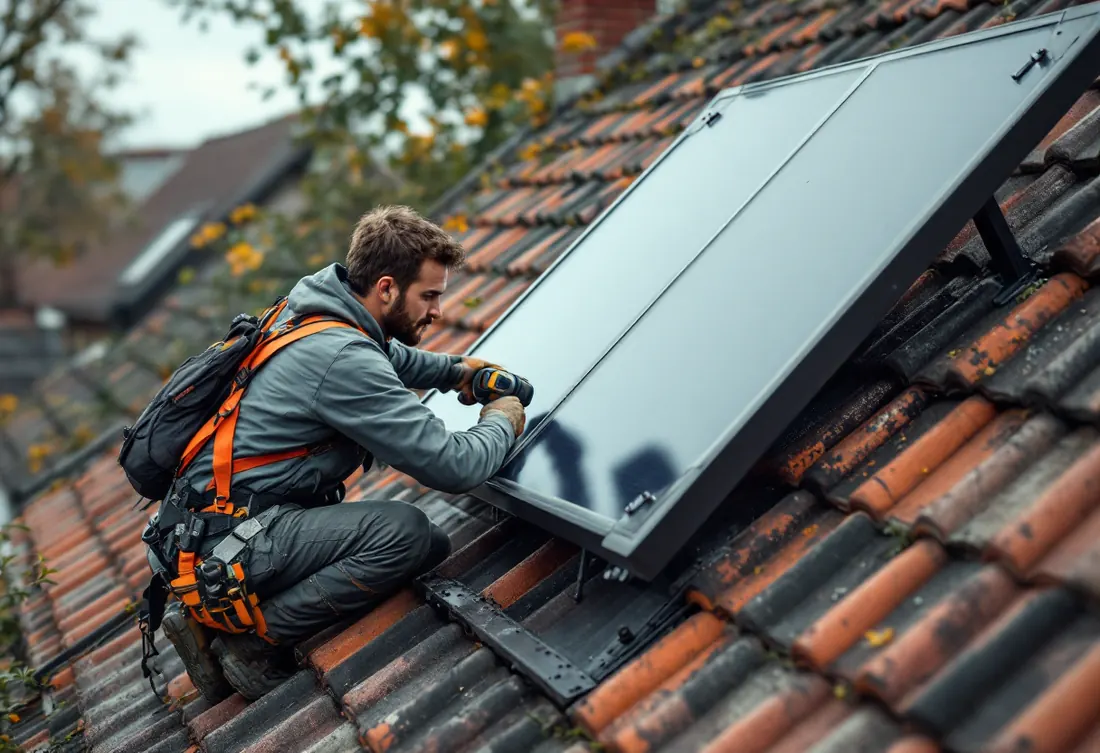Installateur plaatst zonnepanelen